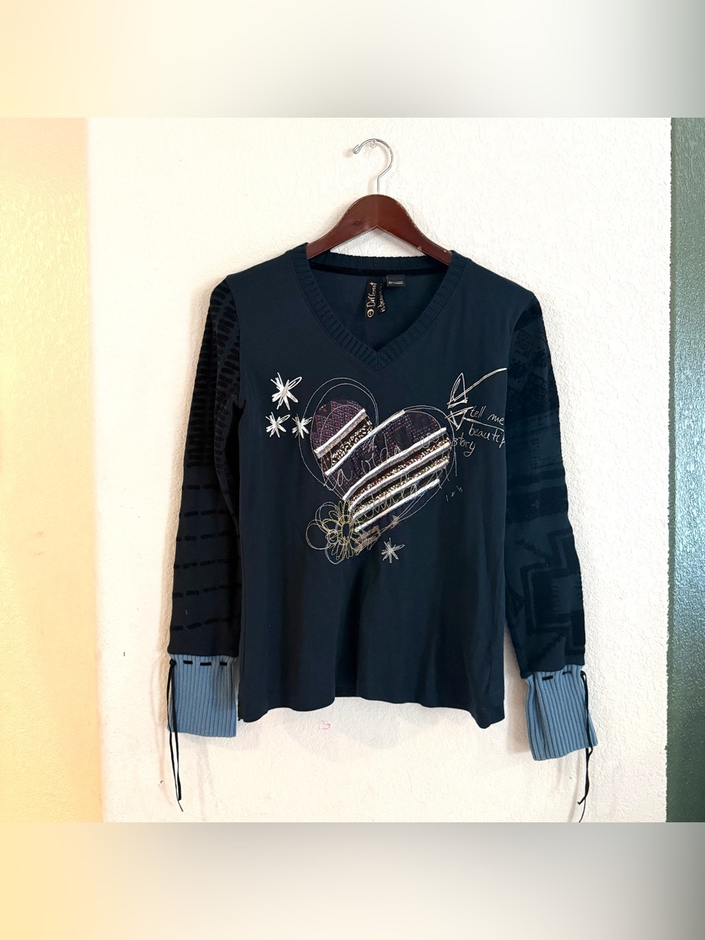 Desigual Womens Shirt Blue Long Sleeve Mixed Media Textured Embroidered Large